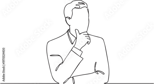 Man in suit jacket and tie with hand on chin thinking