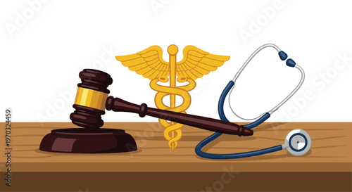 A wooden gavel, a golden caduceus, and a blue stethoscope are arranged on a light brown wooden table surface.