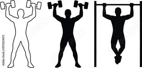 Fitness Exercise Vector Set with Dumbbell Overhead Press and Pull Up Silhouette and Line Art for Gym Workout Icon Design