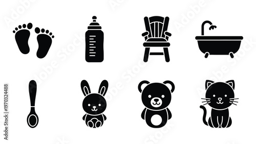 A collection of black glyph icons depicting baby essentials like footprints bottles toys and furniture high quality professional detailed modern elegant