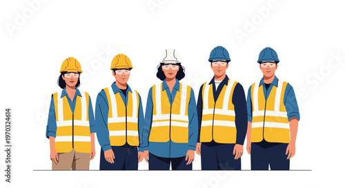 Five construction workers, three men and two women, stand in a row wearing yellow hard hats, safety glasses, and reflective vests.