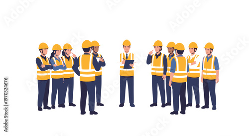 A group of ten construction workers in yellow hard hats and reflective vests are gathered around a male leader holding a clipboard.