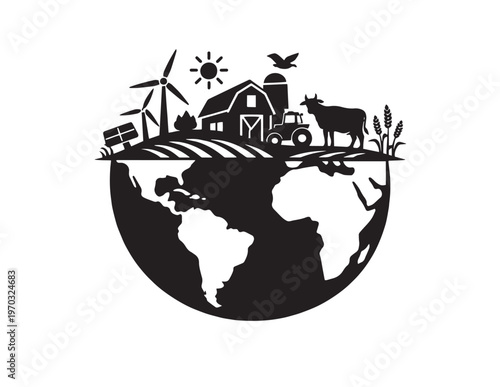 Sustainable agriculture vector icon, global farming concept illustration, eco-friendly farm on Earth, renewable energy and food production graphic