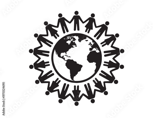 Global unity vector illustration, diverse people holding hands around the world, symbolizing community, teamwork, and international cooperation. Black and white graphic for social issues and