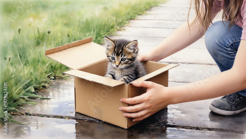 SMALL KITTEN SITTING IN CARDBOARD BOX ON SIDEWALK WITH HUMAN HANDS, OUTDOOR RESCUE AND ADOPTION CONCEPT,  CARE, KINDNESS AND PET SHELTER THEME