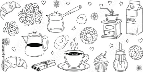 Coffee and pastry items are depicted in a charming, hand-drawn illustration.