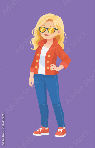 Mulher Loira em Estilo Vetor Flat com Óculos Amarelos e Jaqueta Vermelha