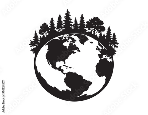 Global forest vector illustration, Earth globe with evergreen trees, nature conservation and environmental protection graphic, sustainable planet concept