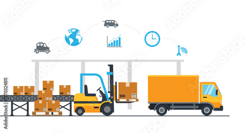 A yellow forklift loads a brown box onto an orange delivery truck next to a conveyor belt with more packages, all under floating logistics icons on a white background.