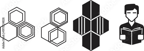  Abstract hexagon and reader icon vector set with geometric shapes and learning symbols for technology education design