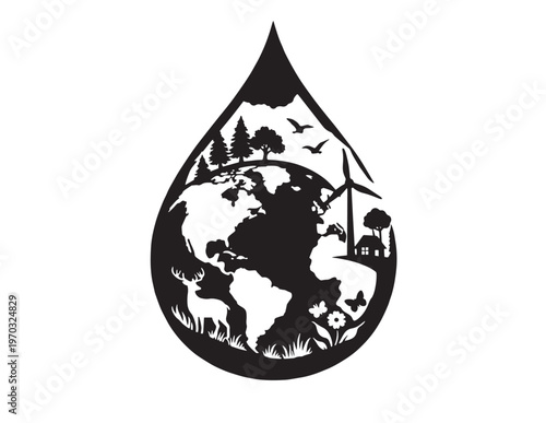 Eco-friendly water drop vector graphic, sustainable Earth globe illustration, nature conservation symbol, environmental protection concept art for green initiatives.