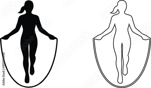 Female Athlete Skipping Rope Vector Set with Minimalist Silhouette and Line Art