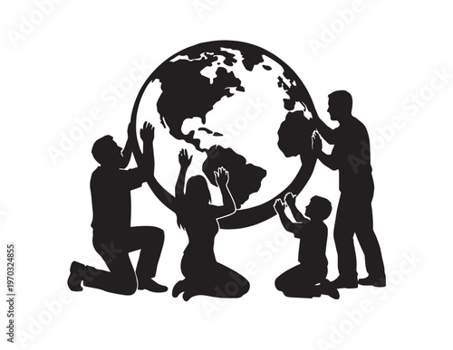 Global community support, diverse people holding up the world, unity and environmental protection vector illustration, social responsibility concept