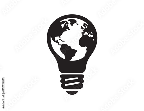 Global idea vector icon, world map lightbulb graphic, innovative environmental solution symbol, sustainable energy concept illustration.