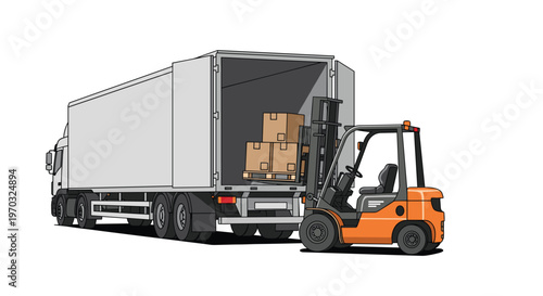 An orange forklift loads a pallet with three brown boxes into the open back of a white semi-trailer truck on a white background.