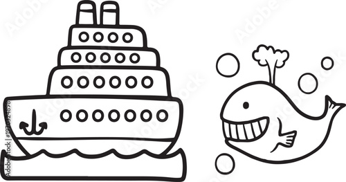 Cruise ship sailing on waves and a happy whale with bubbles in the ocean with marine life with line art