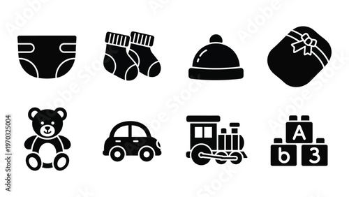 A collection of black silhouette icons representing baby essentials toys and gifts displayed in a neat arrangement high quality professional detailed