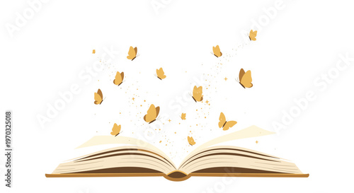 An open book with a brown cover releases many golden butterflies and sparkling stars on a white background.