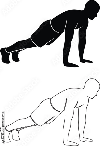 Man doing pushups vector set. Outline and silhouette icons of male athlete