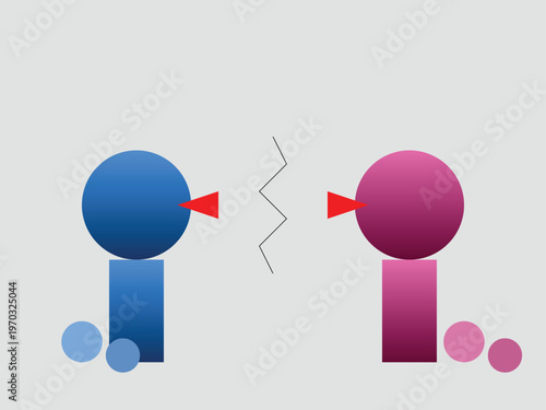 Abstract conflict concept vector, blue and purple geometric figures in disagreement, broken relationship and communication barrier illustration