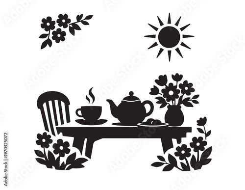 Charming outdoor tea party scene, black and white vector illustration, elegant floral tea time setting, perfect for invitations and greeting cards.