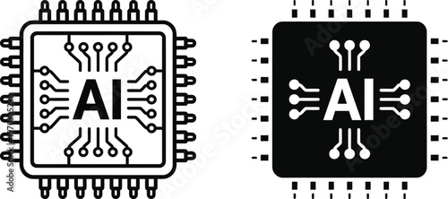 Artificial intelligence AI chip vector icon set featuring semiconductor processor microchip and neural circuit board silhouettes for machine learning and deep learning technology.