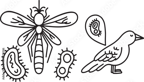 Mosquito and bacteria next to bird and bacteria symbol illustration with west nile with public health