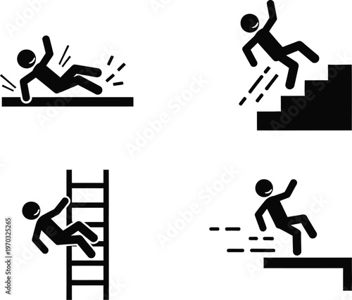 Human stick figures depict various scenarios of accidental falls and injuries.
