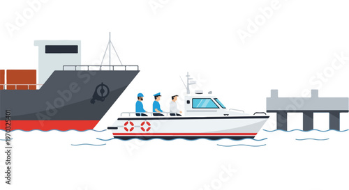 A minimal flat vector artwork depicting a small boat ferrying crew between vessels and the harbor, using simple shapes, a modern maritime concept, and a white background.
