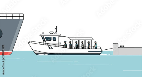 Minimal flat vector illustration of a small harbor boat transporting crew members between ships and the dock, simple shapes, modern maritime concept, white background