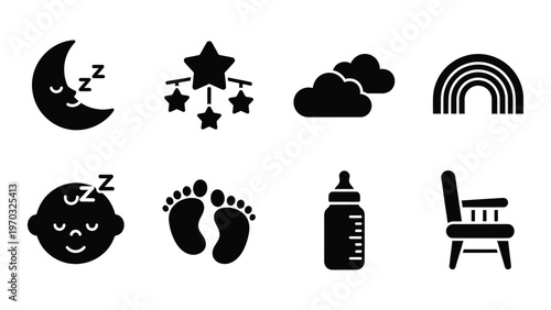 A collection of simple black silhouette icons depicting sleep babies and childhood themes including moons stars and toys high quality professional