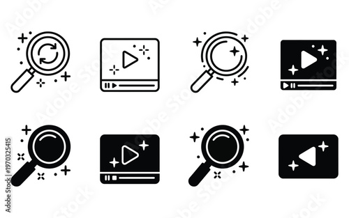 Video content creation and search icon set featuring play button players and magnifying glass symbols.