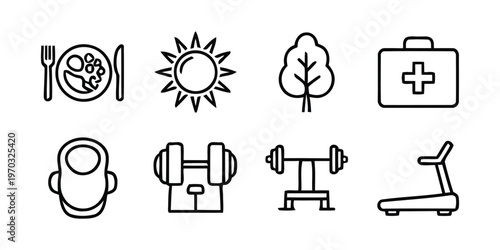 Fitness and health line icon set featuring exercise equipment nutrition and wellness symbols for healthy lifestyle and medical fitness marketing.