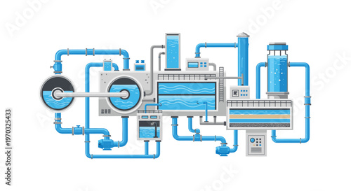 An intricate industrial water purification system with blue pipes and tanks processes water through multiple filtration stages.
