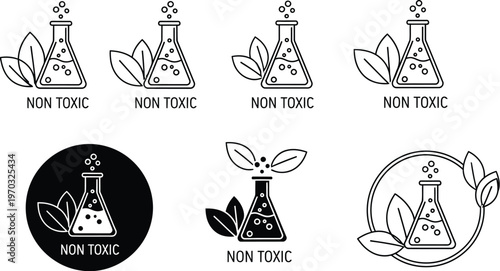 Non-toxic chemical symbols featuring laboratory flasks and leaves indicate safety.