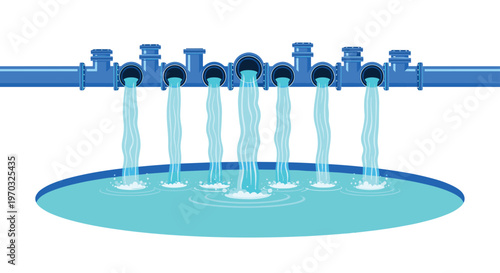 A blue pipe with seven outlets pours streams of water into a circular pool, creating splashes and ripples.