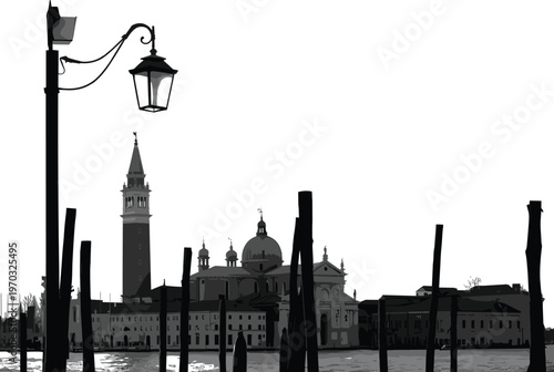 Photos Black and white cityscape illustration with bell tower, domed buildings, classic