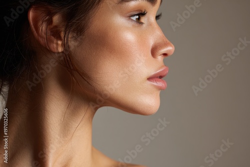 Elegant profile shot showing sculpted cheeks, soft makeup, and bare shoulders in a gray studio backdrop