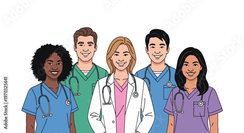 Five smiling diverse medical professionals stand together, facing forward against a plain white background.