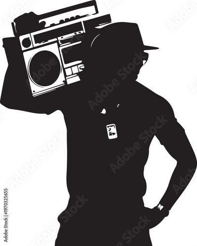 Silhouette of a man with a boombox and hand on hip