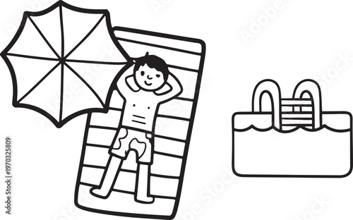 Man relaxing under umbrella next to swimming pool on a beach towel with leisure time