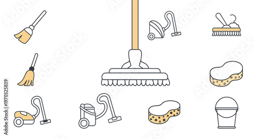 Collection of cleaning tools in flat vector style isolated on white