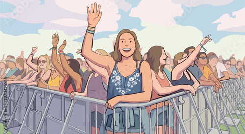 Happy Young Woman Waving Hand at Outdoor Music Festival, Crowd of People Cheering Behind Metal Security Barriers at Summer Concert Event, Joyful Girl Enjoying Live Performance Under Blue Sky