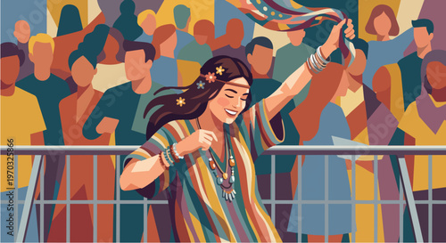 Happy Young Woman in Boho Chic Style Dancing at Music Festival or Summer Outdoor Event, Joyful Girl with Flower Crown and Colorful Striped Outfit Celebrating in Crowd, Flat Vector Illustration
