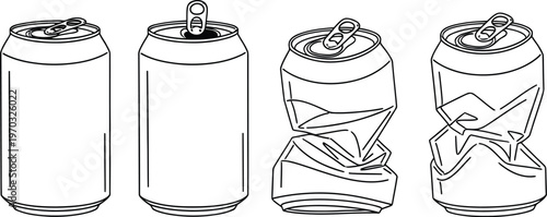 Four aluminum cans show a progression from pristine to crushed states illustrating recycling.