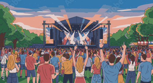 Illustration of a lively crowd enjoying a music festival with a stage in the background at sunset with green trees on either side.