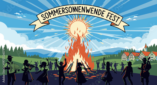 Illustration of people dancing around a bonfire with a banner reading Sommersonnenwende Fest in a scenic outdoor setting with mountains and houses.