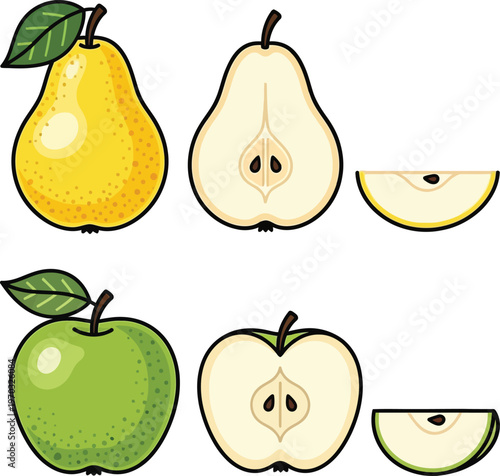 Whole and sliced pears and apples are depicted with vibrant colors and detailed textures.