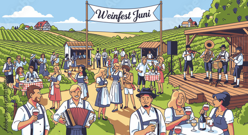 Illustration of people celebrating a wine festival in a vineyard with a banner reading 'Weinfest Juni' in a sunny outdoor setting with traditional German attire and rustic wooden structures.