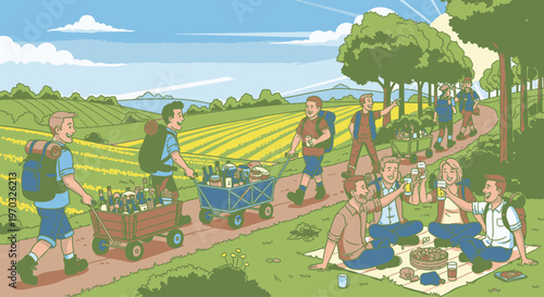 Illustration of people on a path in a rural setting with fields and trees, some carrying carts and others having a picnic with a kettle and cups.